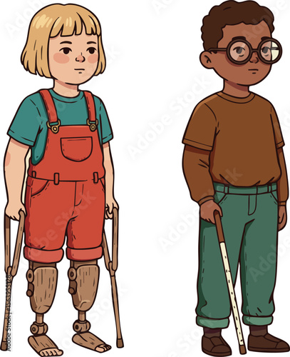 Children with disabilities using prosthetic legs and white cane standing together in supportive friendship vector illustration