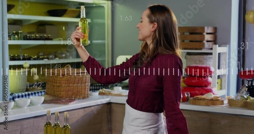 Cooking show host adjusting bowls, reaching olive oil with animated label tags highlighting value