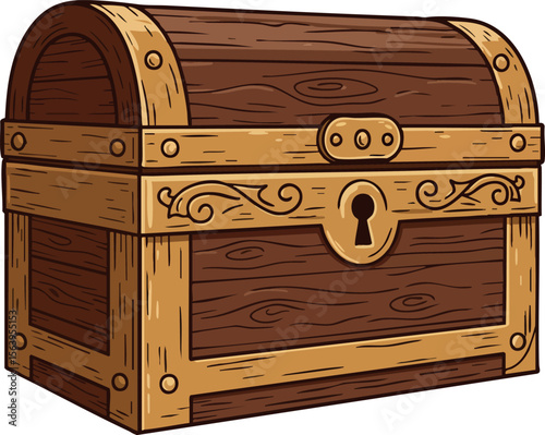 Wooden treasure chest with golden metal details and lock vector design illustration for vintage storage or pirate theme