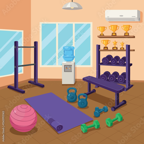 Home gym interior with purple fitness equipment and trophies on wall in bright room