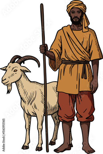 African man shepherd standing with goat holding staff wearing traditional clothing and turban in vector style