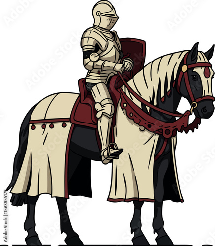 Medieval knight in full armor mounted on decorated war horse vector illustration for historical warrior design