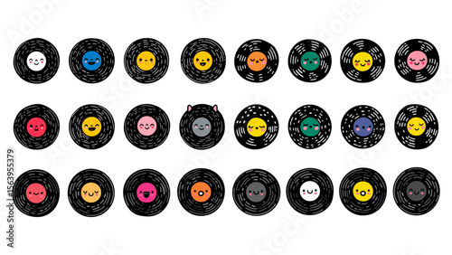 Collection of 24 vinyl records with diverse emoji designs illustration