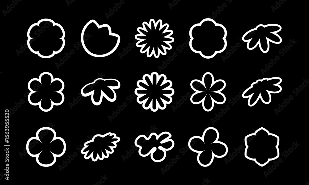 Fototapeta premium Set of abstract black floral stickers in flat style. Minimalist floral clip art for logo design, textile, packaging and decorative compositions. For clothing print, packaging. Web icons. Black.