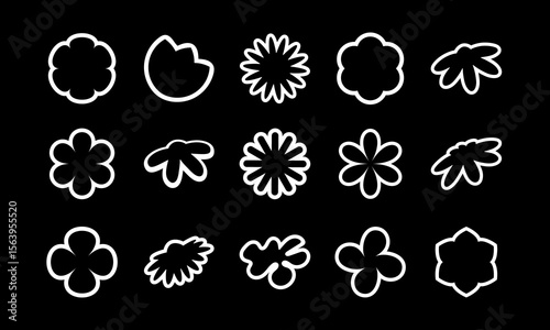 Set of abstract black floral stickers in flat style. Minimalist floral clip art for logo design, textile, packaging and decorative compositions. For clothing print, packaging. Web icons. Black.