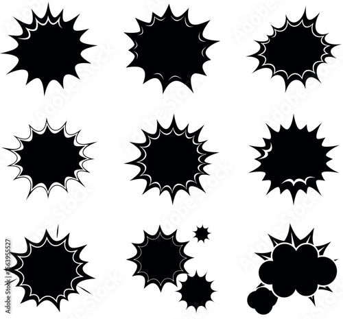 Vector explosion comic book style black shapes set