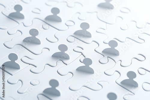 White puzzle featuring black human icons, symbolizing connection and collaboration, creates visually engaging composition. arrangement of pieces evokes sense of unity and teamwork