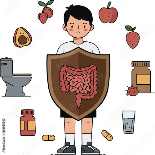 Digestive health concept with boy holding shield showing intestines surrounded by healthy food and medicine vector illustration