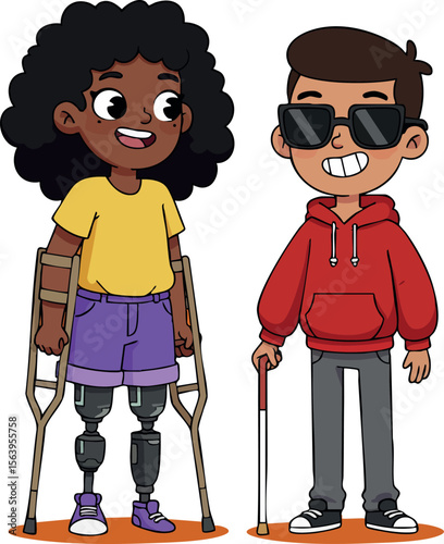 Children with disabilities using crutches and wheelchair prosthetic legs smiling and standing together in casual clothes vector illustration