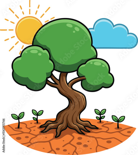 Tree with green leaves on dry cracked earth under sun and cloud vector illustration natural environment concept