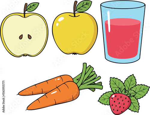 Fresh apple carrot and strawberry juice vector with healthy fruits and vegetables illustration for natural drinks and wellness design