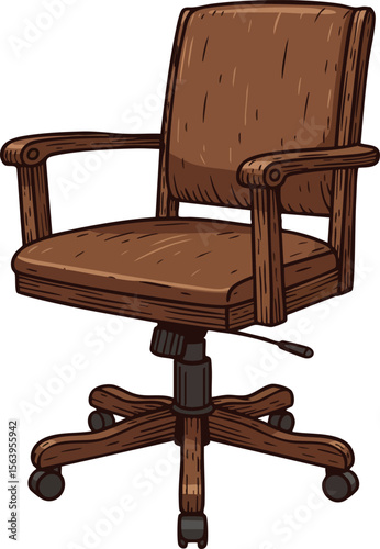 Brown wooden office chair with wheels and adjustable height vector illustration for workspace comfort design