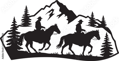 Cowboys Riding Horses in Mountains Silhouette vector