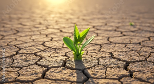 Dry, cracked desert earth awaits a new sprout of green life amidst the arid drought