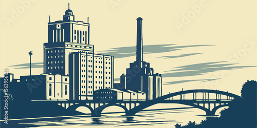 Cedar Rapids (IA) Silhouette skyline featuring Quaker Oats Factory, Alliant Tower, and Cedar River bridges.