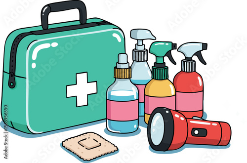 First aid kit with spray bottles and flashlight for emergency preparedness and home safety essentials vector illustration