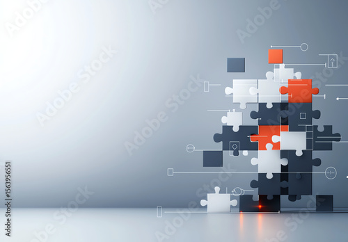 Fading puzzle pieces in various colors create modern abstract design, symbolizing creativity and problem solving. arrangement evokes sense of innovation and collaboration