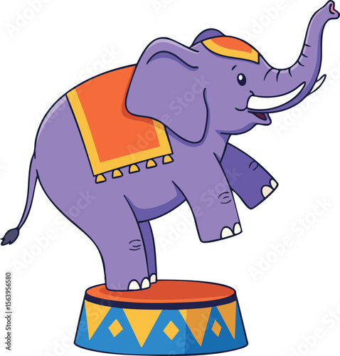 Purple circus elephant balancing on colorful pedestal with decorative blanket vector illustration