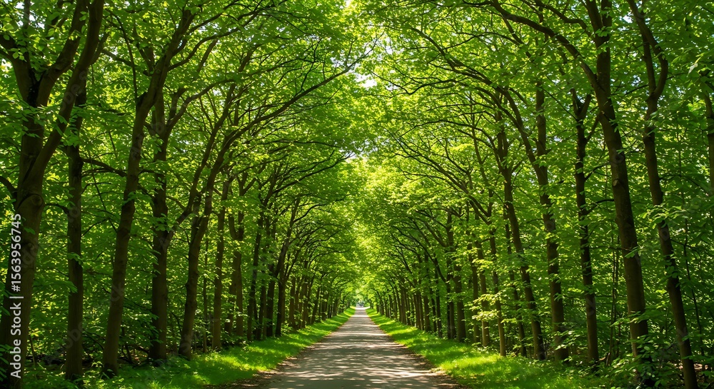 Obraz premium A winding path or road through a green forest landscape, inviting a walk in nature during spring or summer
