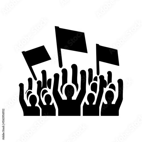 Minimalist black vector of a stylized protest crowd holding flags and raising arms, representing collective action, empowerment, and freedom.
