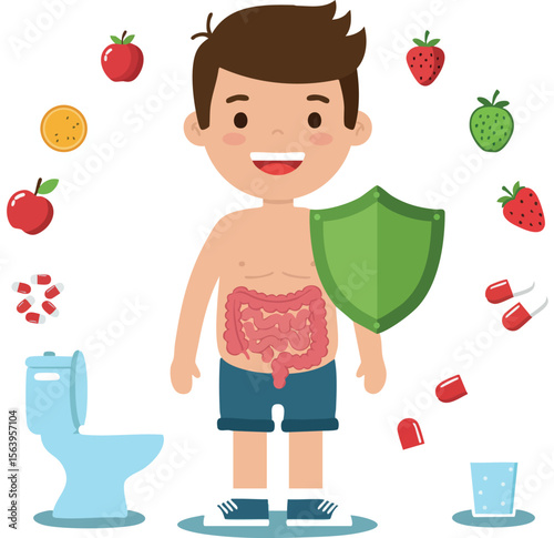 Healthy digestive system with boy, fruits, probiotics, and hydration for strong gut health and immune protection vector illustration