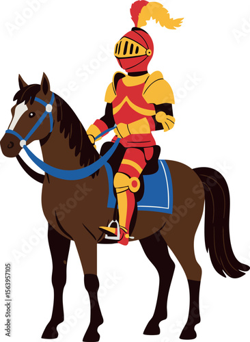 Medieval knight in red and yellow armor riding brown horse with blue saddle vector illustration