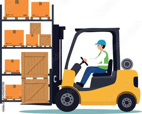 Forklift operator driving yellow forklift loading wooden crates and cardboard boxes in warehouse storage environment