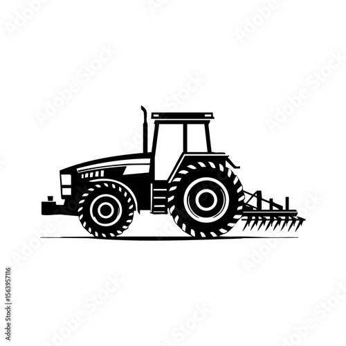 Detailed black vector of a modern tractor with rear-mounted harrow, symbolizing advanced farming, cultivation, and mechanized agriculture.
