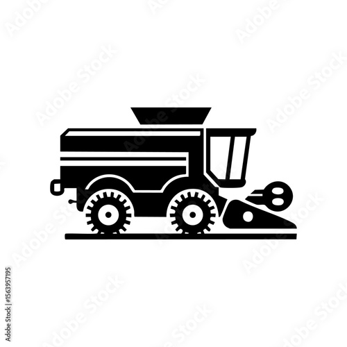 Minimalist black vector of a modern combine harvester, representing mechanized agriculture, grain harvesting, and efficient farm equipment.
