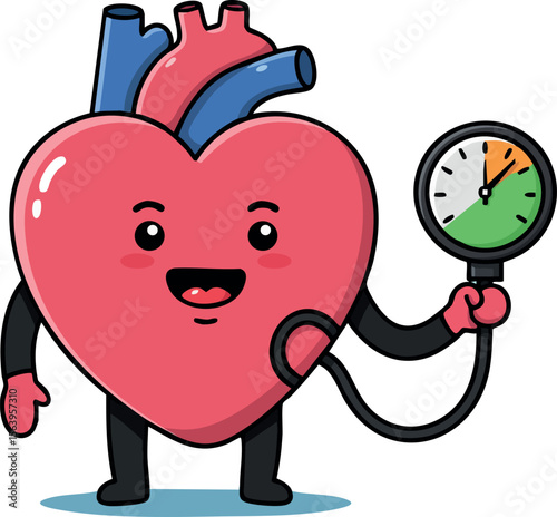 Cartoon human heart character holding blood pressure meter vector illustration for health awareness and medical education