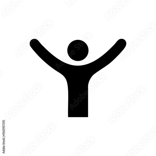 Minimalist vector of a figure with uplifted arms and circle head, symbolizing positivity, empowerment, and unity.

