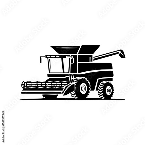 Detailed black vector of a side-view combine harvester with extended grain chute, symbolizing industrial-scale harvesting and advanced farming.

