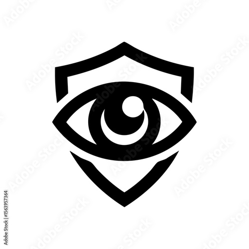 Minimalist vector icon of an eye inside a shield, representing digital surveillance, privacy, and data protection.
