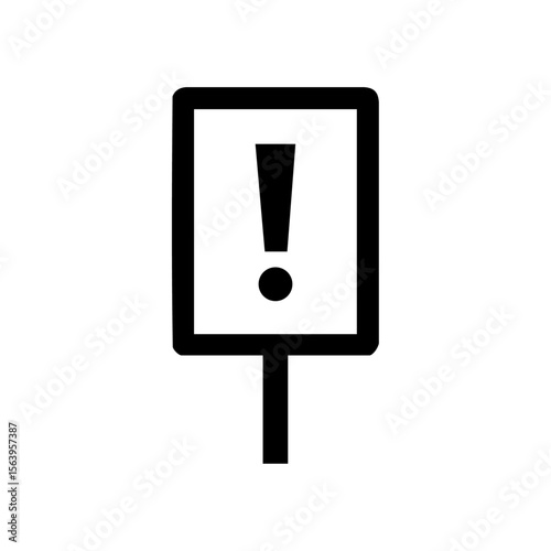 Minimalist vector logo of a protest placard displaying an exclamation mark, symbolizing urgency, warning, or demand for attention in a demonstration context.

