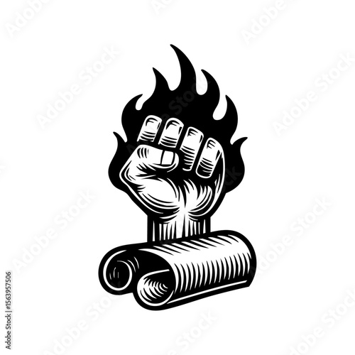 A stylized clenched fist wrapped in flames holding a scroll, symbolizing passionate resistance and revolutionary demands.

