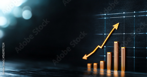 Business graph displays upward trend with golden bars and arrow, symbolizing growth and success in financial performance. background is dark, enhancing visual impact