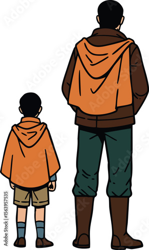 Two people standing back view with orange hoodies and casual clothing vector illustration