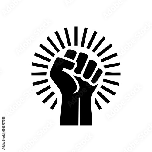 A bold black raised fist icon with radiating sun rays, symbolizing strength, unity, and activism in a minimalist style.
