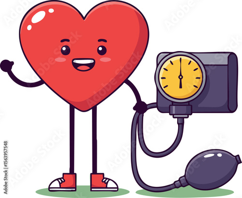 Heart character measuring blood pressure with sphygmomanometer medical vector illustration in red and purple tones