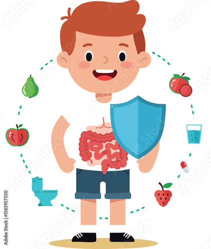 Boy with healthy digestive system shielded by protection from fruits vegetables and water for wellness and immunity vector illustration