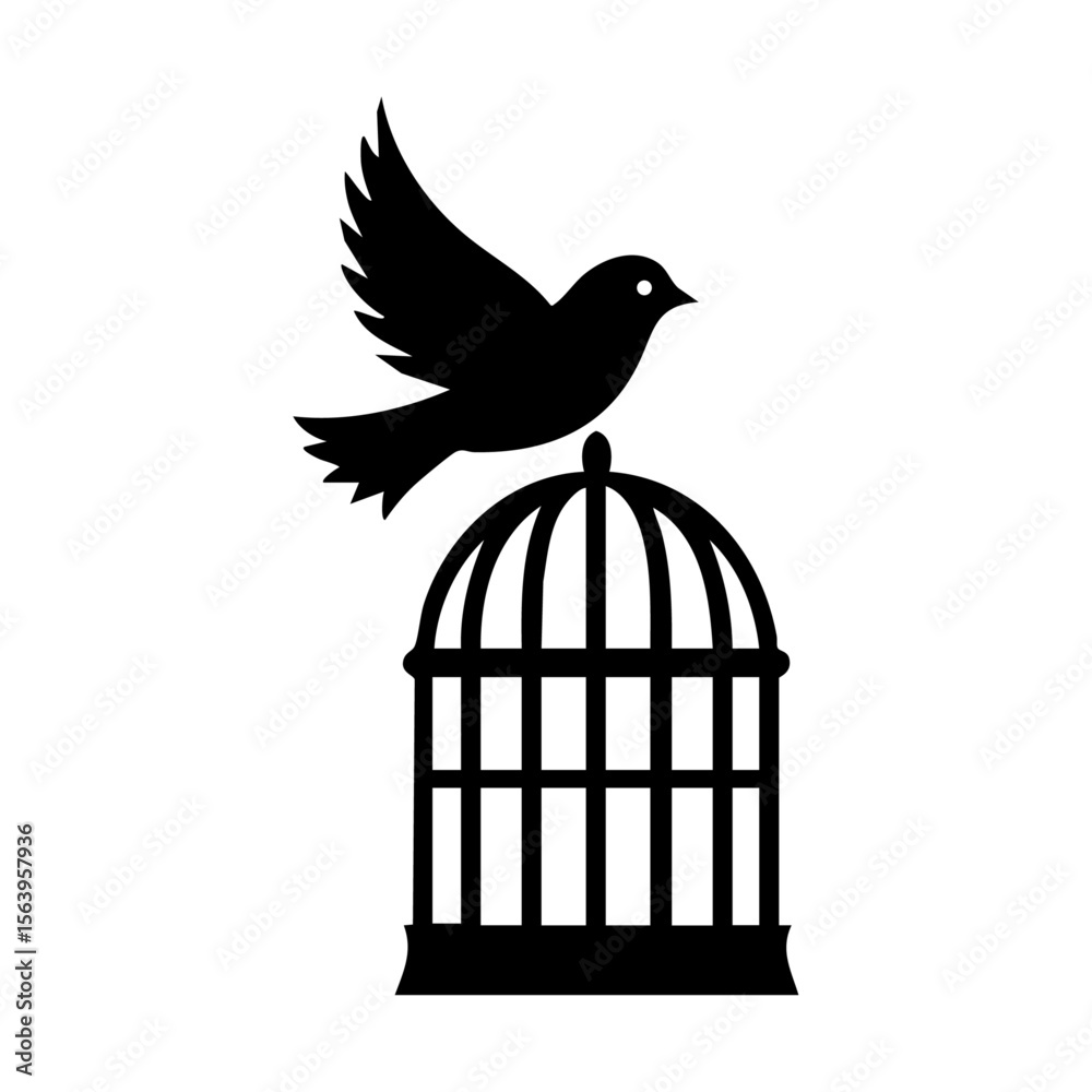 Fototapeta premium Minimalist black vector illustration of a bird standing on top of a closed cage, representing longing, captivity, or anticipation of freedom.
