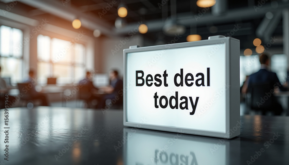 Fototapeta premium Best deal today sign displayed in modern office environment 