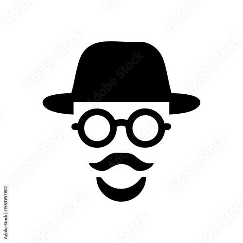 Minimalist black vector icon of a disguised man with hat, glasses, mustache, and goatee, symbolizing secrecy, anonymity, and hidden identity.

