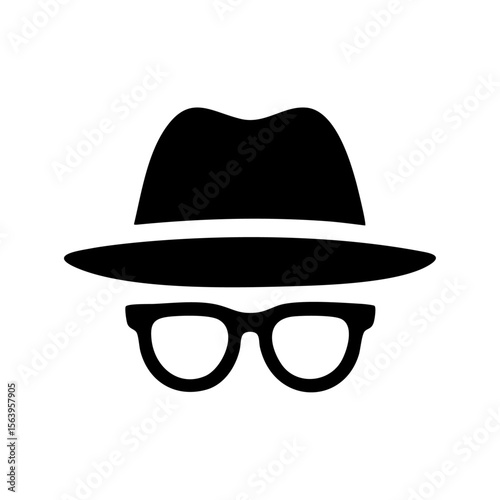 Minimalist black vector icon of an incognito face with a hat and glasses, symbolizing anonymity, privacy, and surveillance evasion.

