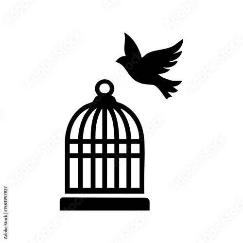 A minimalist black vector of a bird flying out of an open cage, symbolizing freedom, escape, and liberation.

