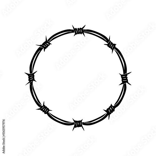 A circular loop of sharp barbed wire, symbolizing restriction, security, and confinement in a minimalist black vector style.
