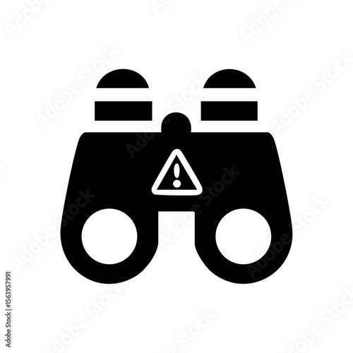 Solid black binoculars icon with a warning triangle, representing detection, vigilance, and potential danger.

