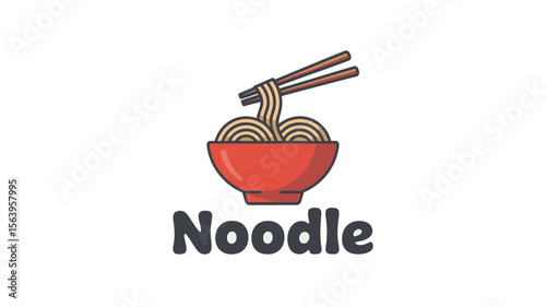 Illustration of a red bowl of noodles with chopsticks and the word noodle underneath it