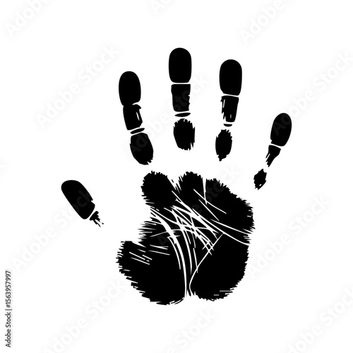 A grungy black vector of a handprint with scratch texture, symbolizing resistance, identity, or protest in a raw urban style.

