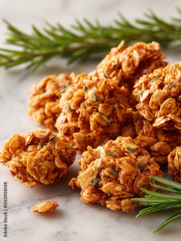 Golden oat clusters with rosemary on marble surface. Golden oat clusters with rosemary on marble surface.